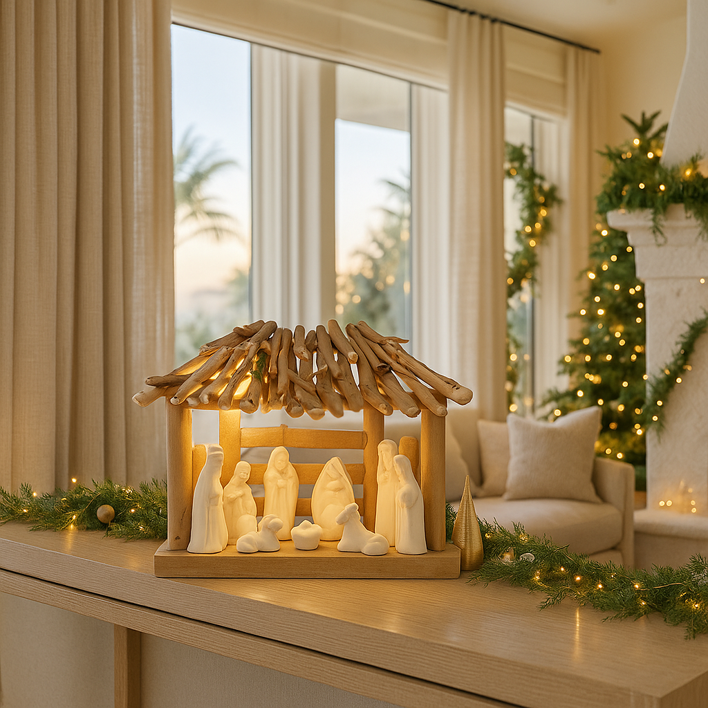 White Ceramic & Wood Led Nativity Scene