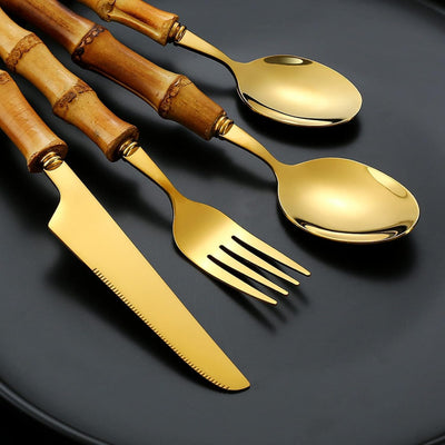 Bamboo Tableware Cutlery Set Gold