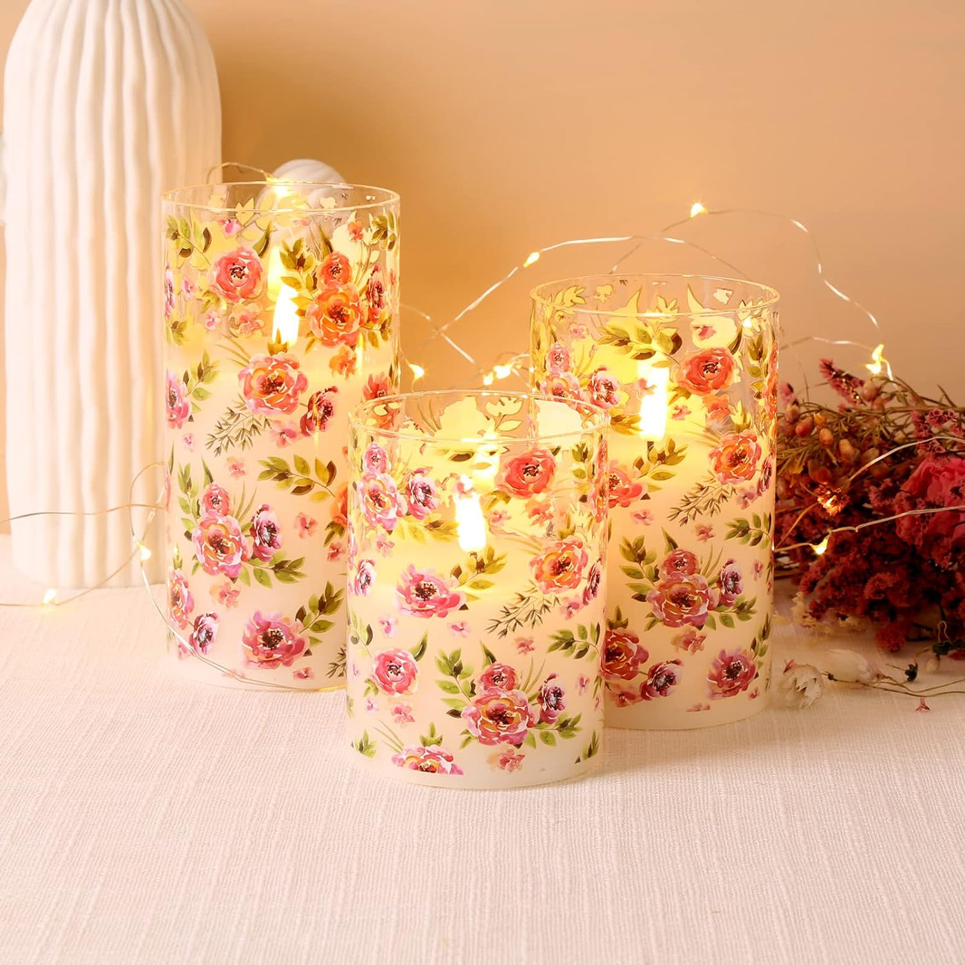 12x Floral /Ribbed LED Candles & Rose Garland Light Pack