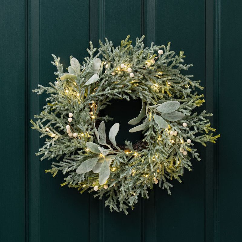 Pre-lit Frosted Wreath Lambs Ear