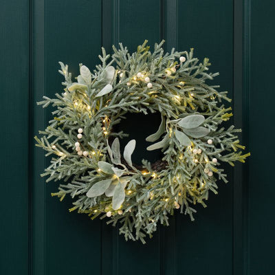 Pre-lit Frosted Wreath Lambs Ear