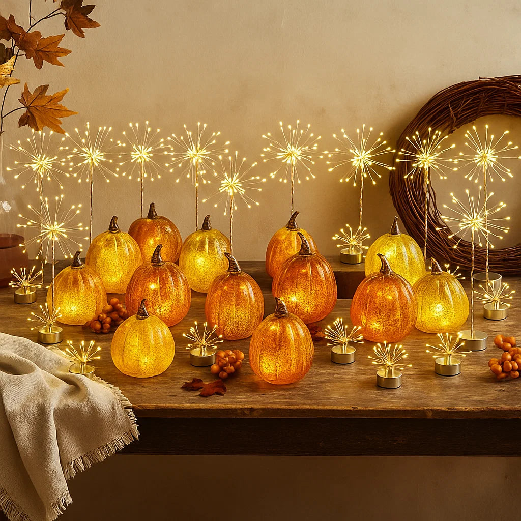 x12 Table Starburst x12 Glass Pumpkin Lights x24 Starburst Tealights Pack