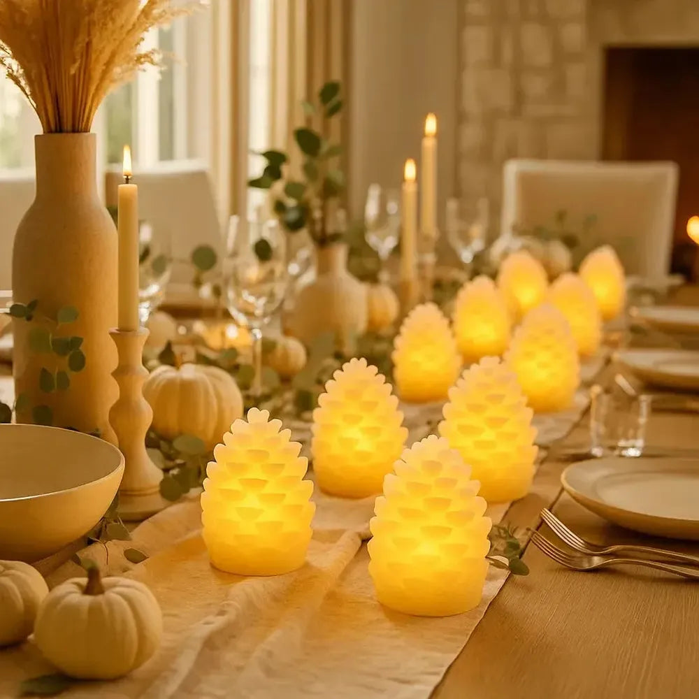 x6 Mini Starburst x6 LED Glass Candles x12 Wax Pinecones x24 Tealights