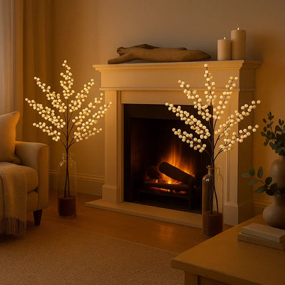 x2 Pre-lit White Berry Branch