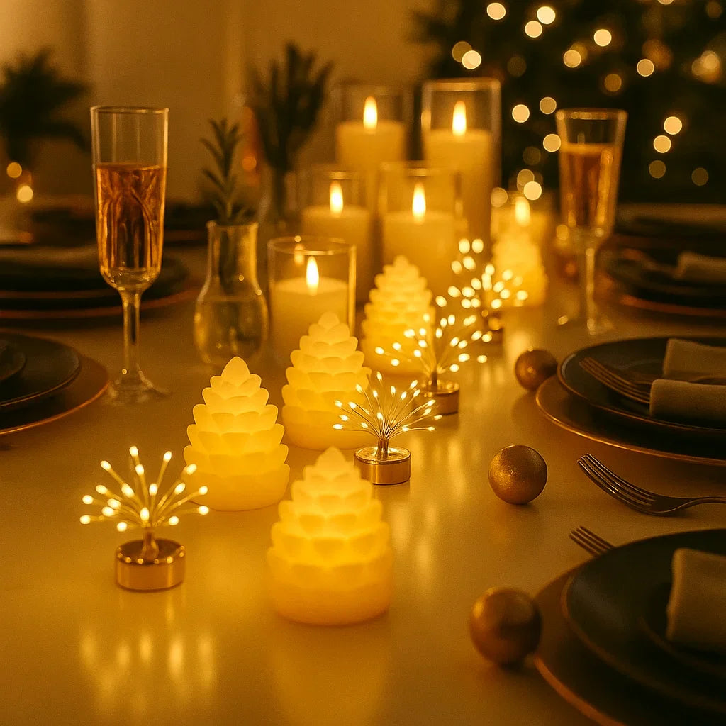 x6 Mini Starburst x6 LED Glass Candles x12 Wax Pinecones x24 Tealights